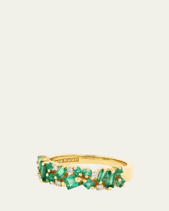 18K Yellow Gold La Fantaisie Emerald Half Band Ring with Diamond Rounds